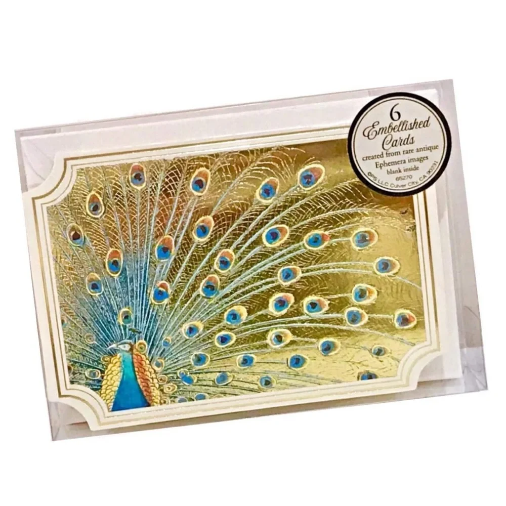 Punch Studio Peacock Fan Tail Foil Note Cards, (65270) 6-ct